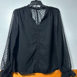 SHEIN Black Sheer Swiss Dot Long-Sleeve Blouse